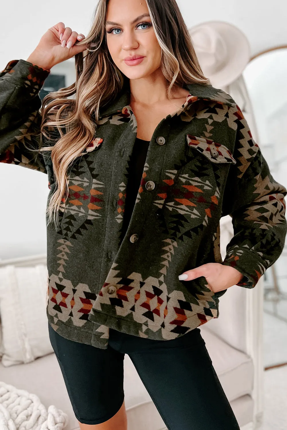 KaleaBoutique Aztec Print Flap Pockets Long Sleeve Shacket