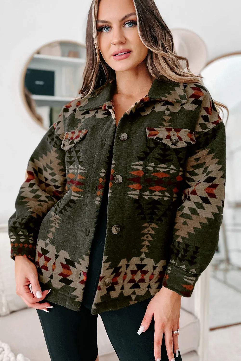 KaleaBoutique Aztec Print Flap Pockets Long Sleeve Shacket