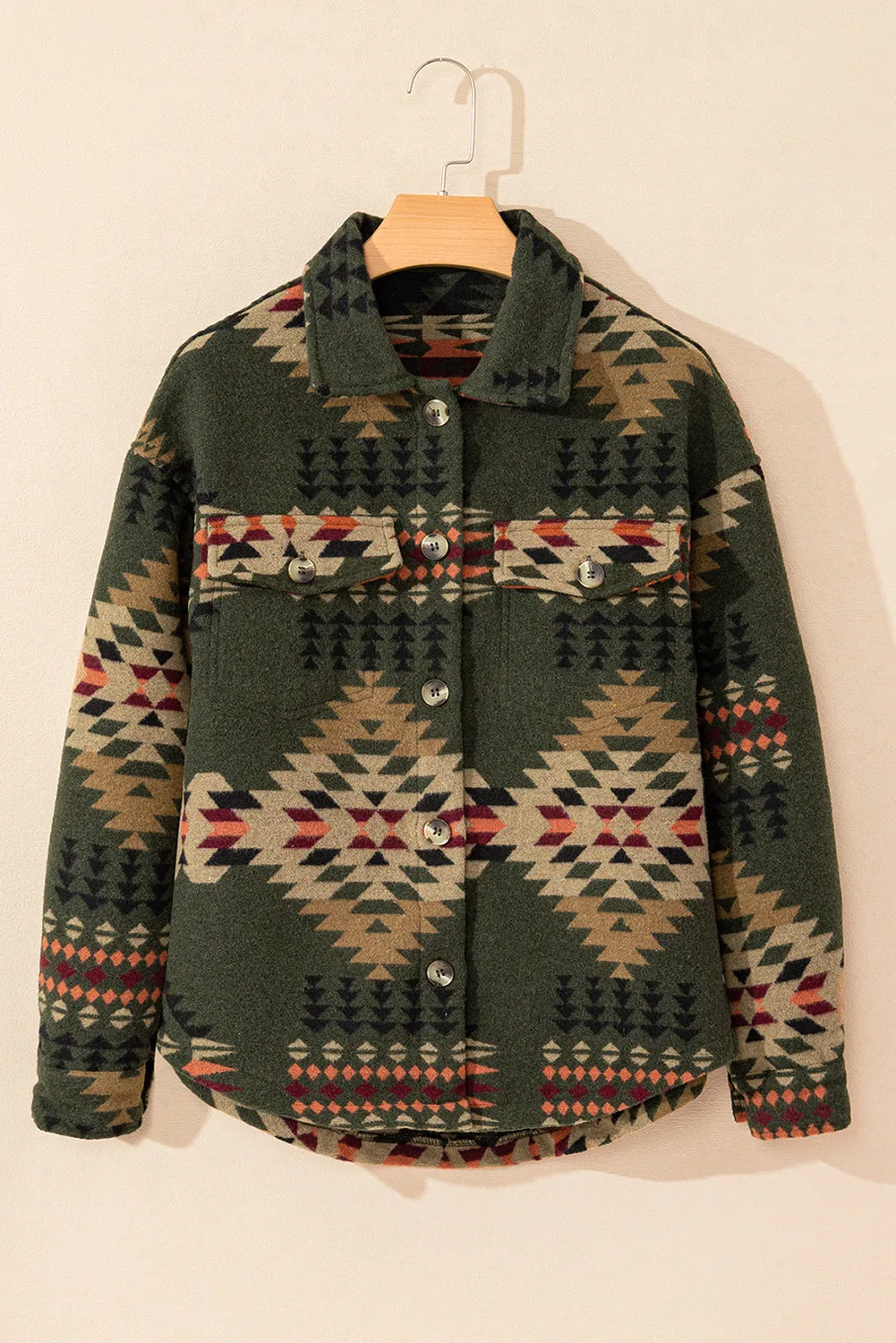 KaleaBoutique Aztec Print Flap Pockets Long Sleeve Shacket