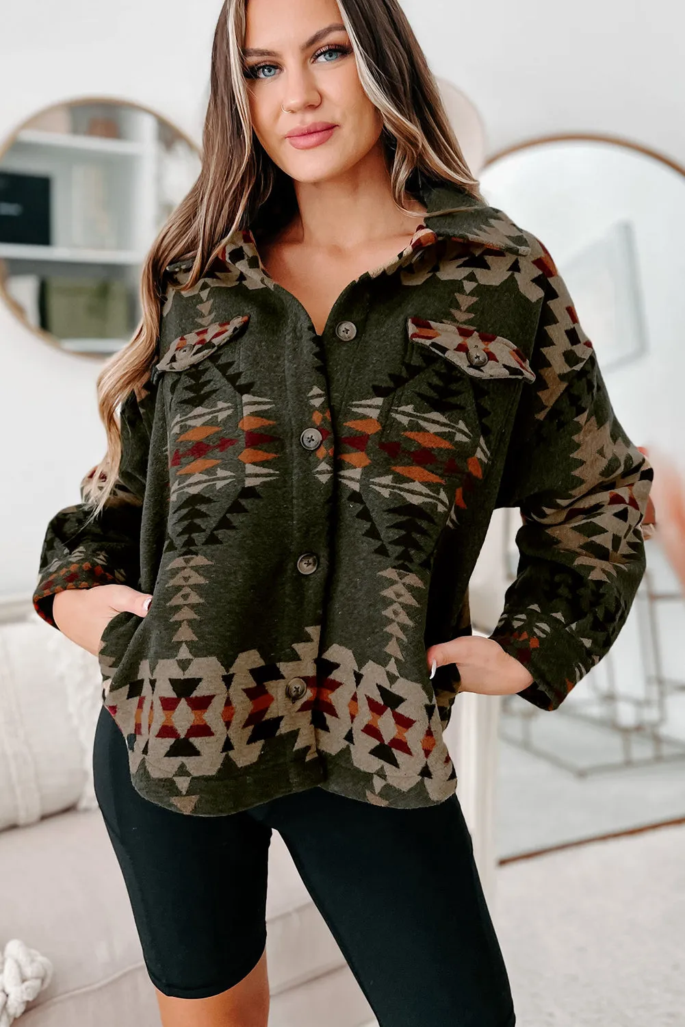 KaleaBoutique Aztec Print Flap Pockets Long Sleeve Shacket