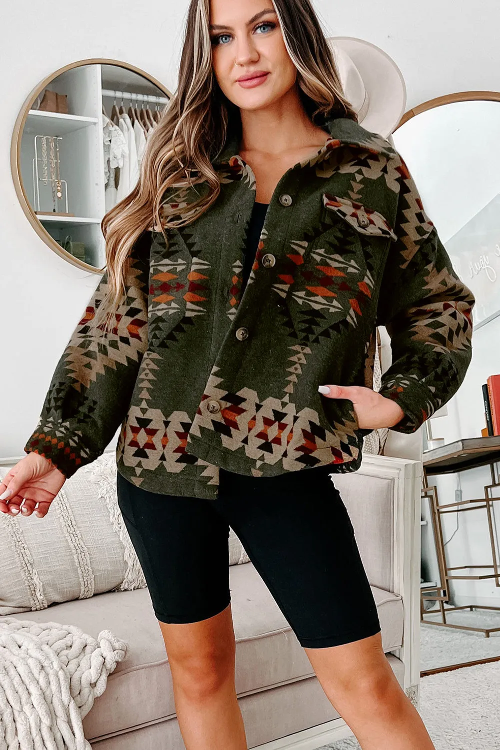 KaleaBoutique Aztec Print Flap Pockets Long Sleeve Shacket
