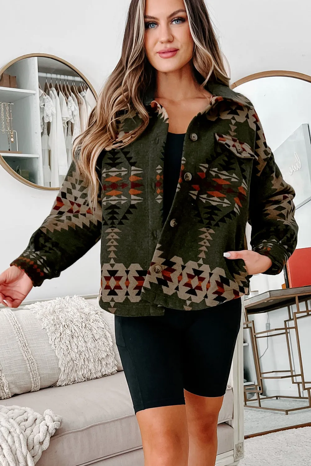 KaleaBoutique Aztec Print Flap Pockets Long Sleeve Shacket