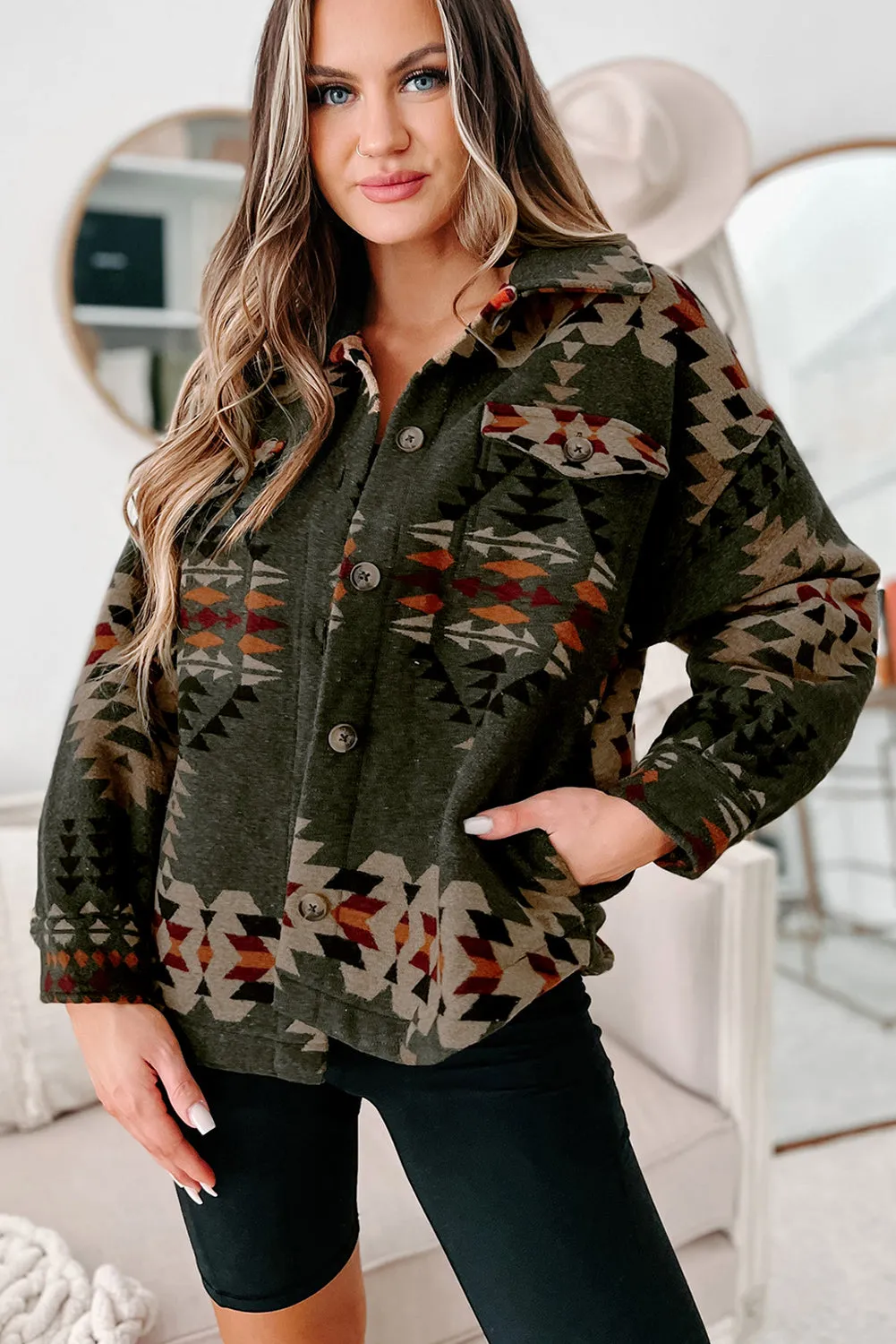 KaleaBoutique Aztec Print Flap Pockets Long Sleeve Shacket