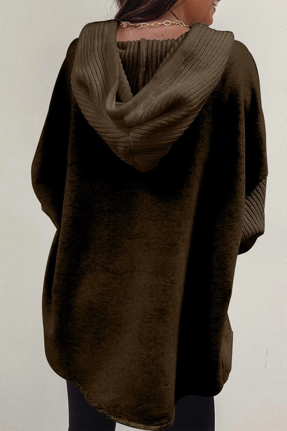 KaleaBoutique Button Up Contrast Knitted Sleeves Hooded Jacket