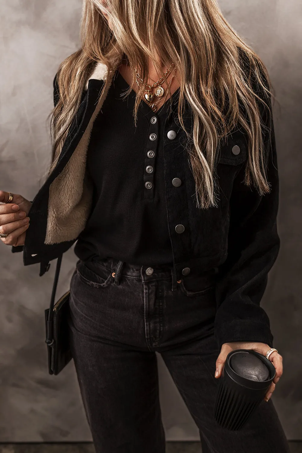 KaleaBoutique Fleece Lined Button-up Collared Corduroy Crop Jacket