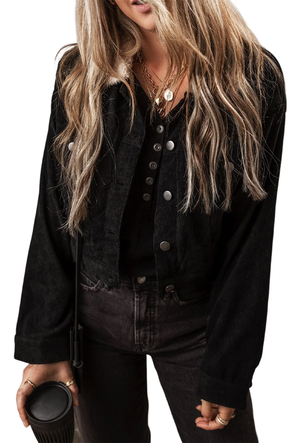 KaleaBoutique Fleece Lined Button-up Collared Corduroy Crop Jacket