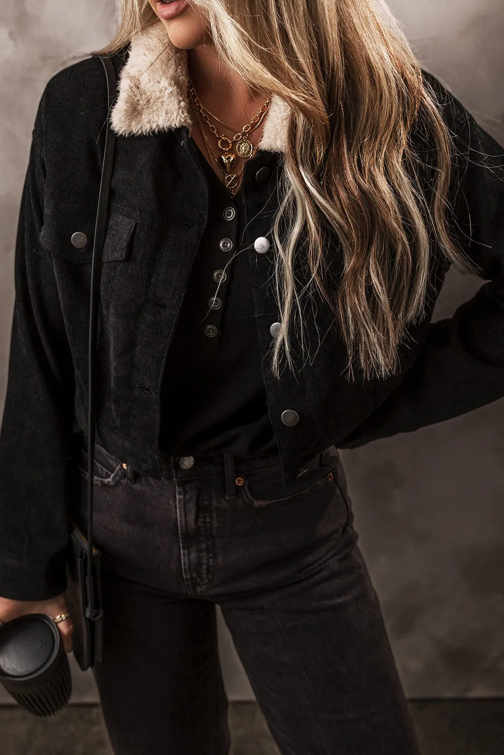 KaleaBoutique Fleece Lined Button-up Collared Corduroy Crop Jacket