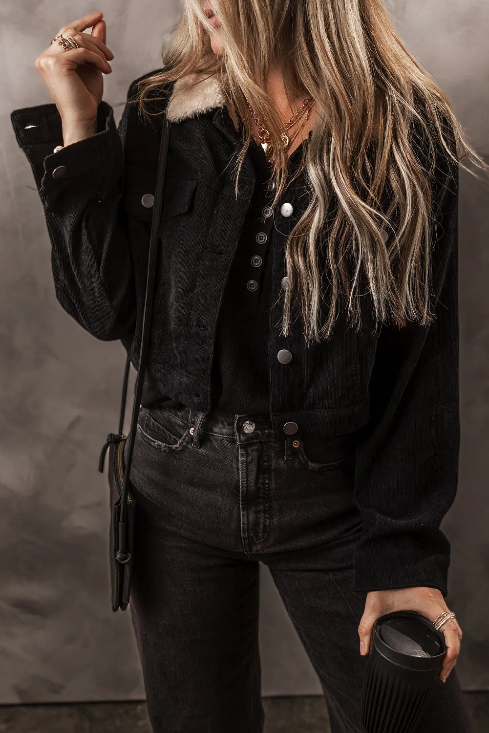 KaleaBoutique Fleece Lined Button-up Collared Corduroy Crop Jacket