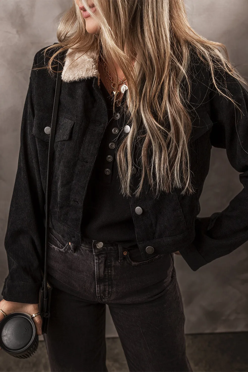KaleaBoutique Fleece Lined Button-up Collared Corduroy Crop Jacket