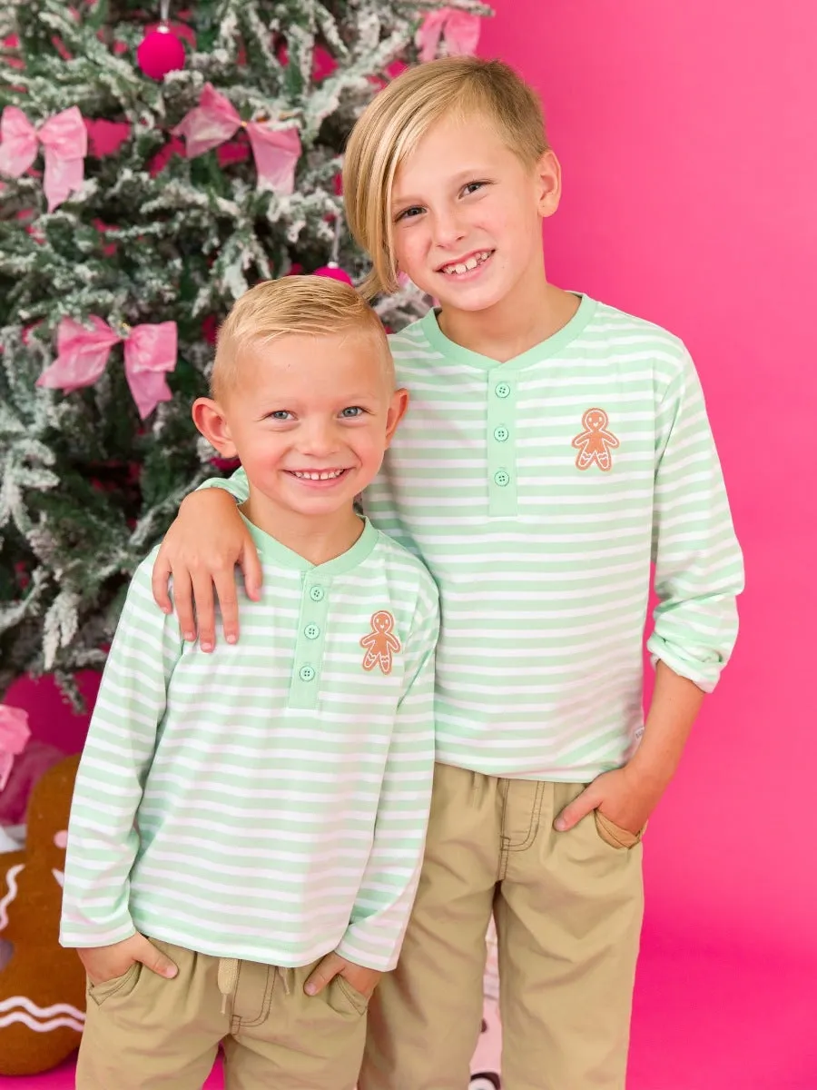 Knit Long Sleeve Henley Tee - Gingerbread Mint Stripe