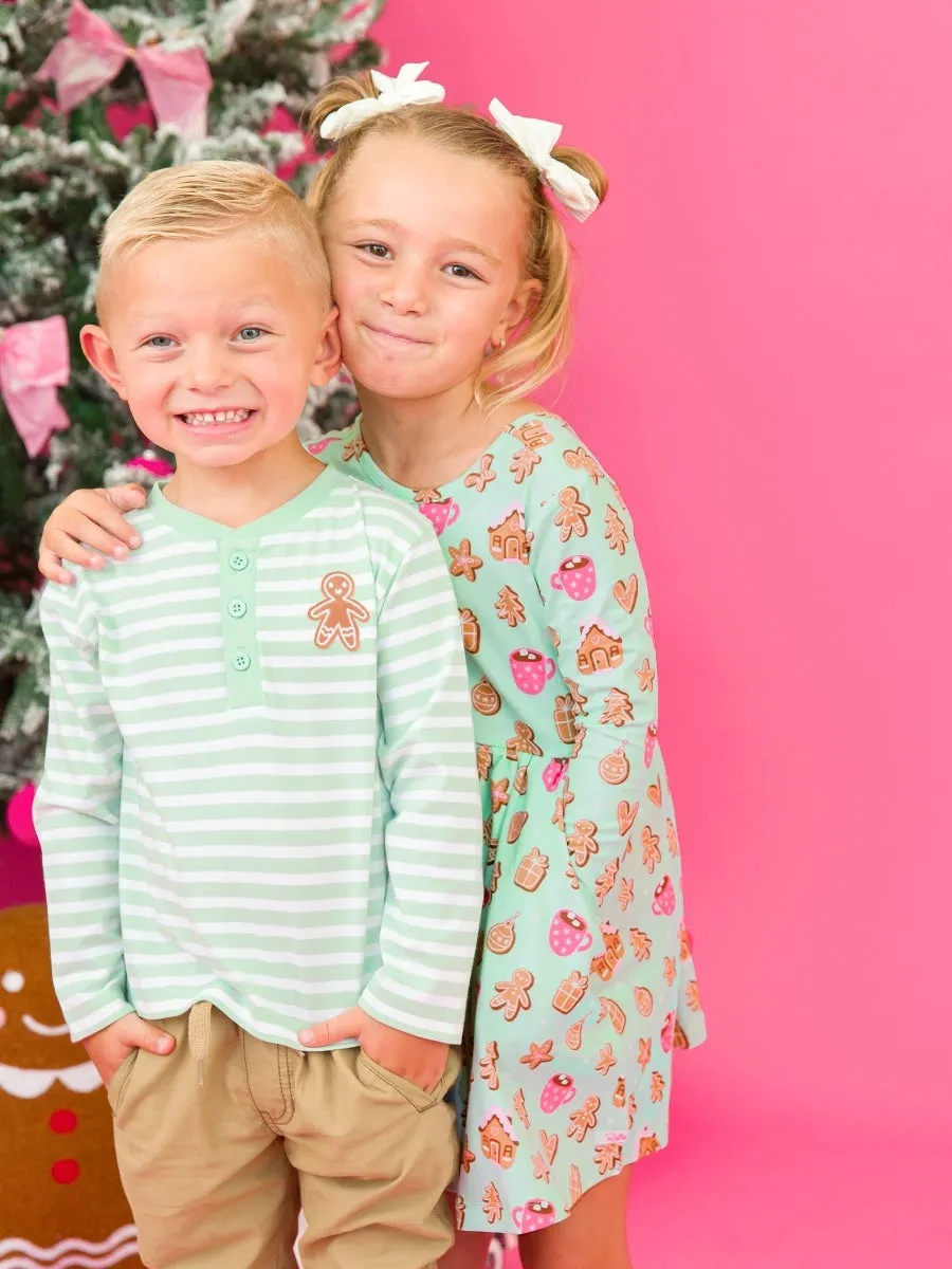 Knit Long Sleeve Henley Tee - Gingerbread Mint Stripe