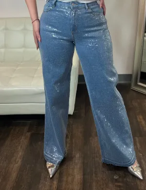 LC Mid Rise Clear Sequin Jeans - Light Blue