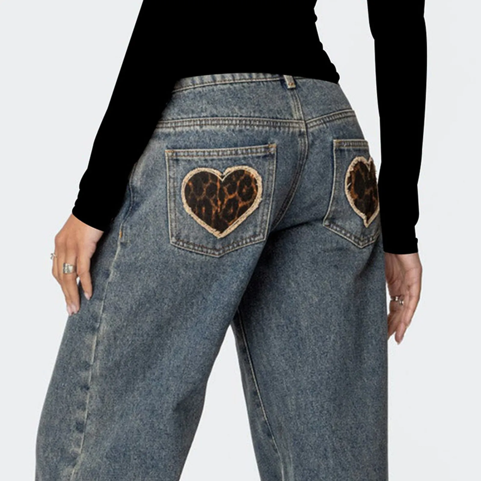 Leopard Pattern Pocket Low Waist Wide Leg Casual Jeans
