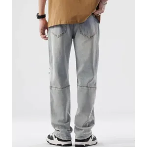 Light Wash Denim Straight Leg Jeans with Rips at the Knees