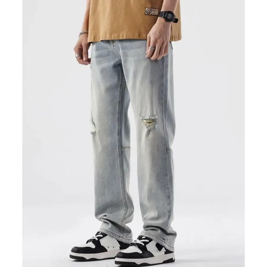 Light Wash Denim Straight Leg Jeans with Rips at the Knees