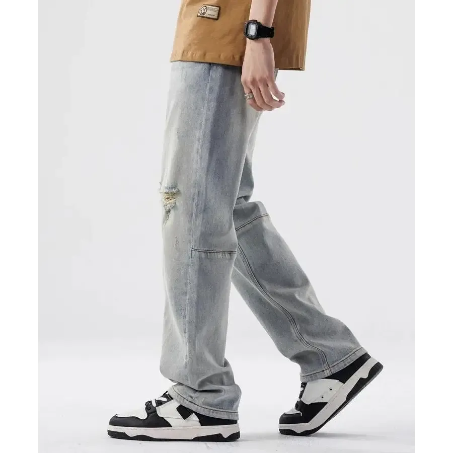 Light Wash Denim Straight Leg Jeans with Rips at the Knees