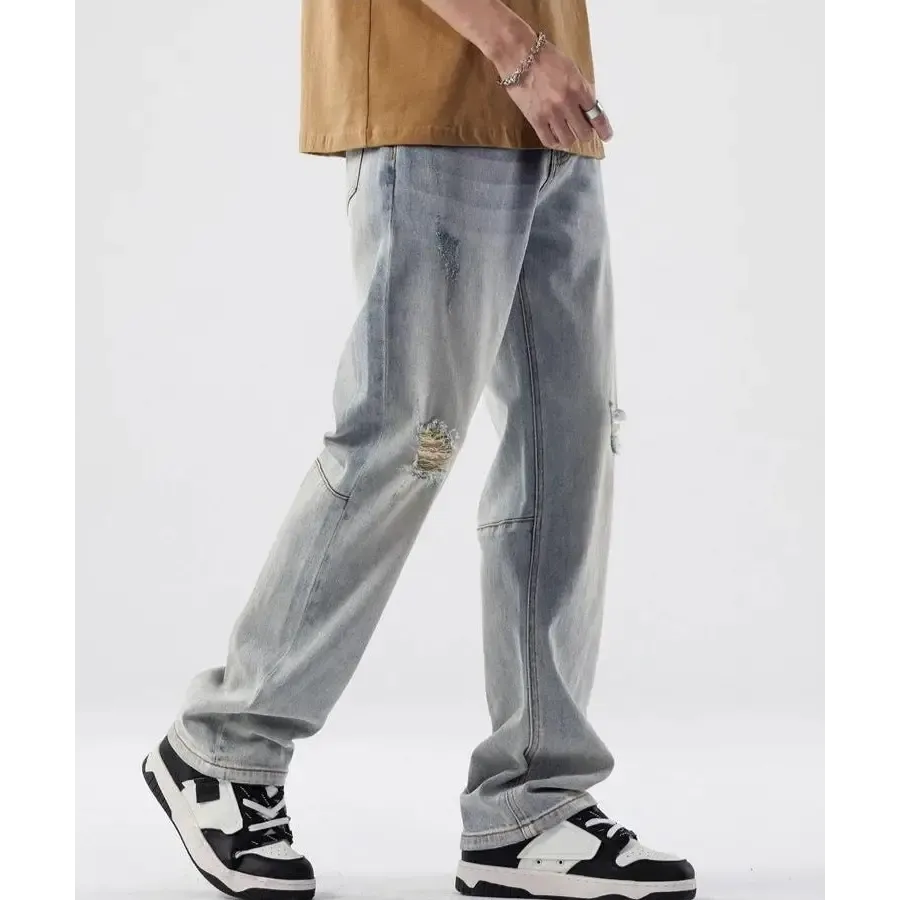 Light Wash Denim Straight Leg Jeans with Rips at the Knees