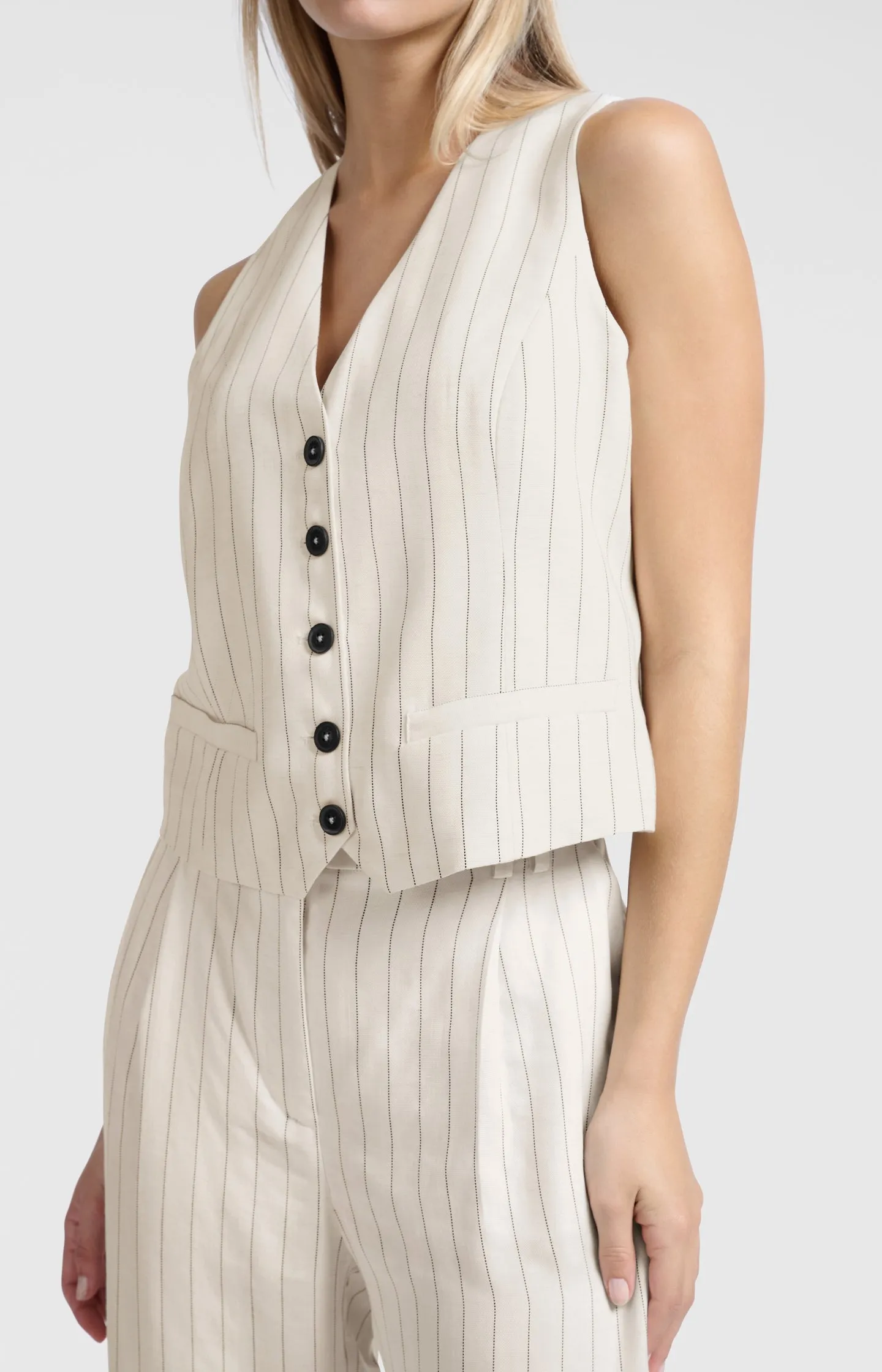 Linen blend gilet with pinstripe pattern