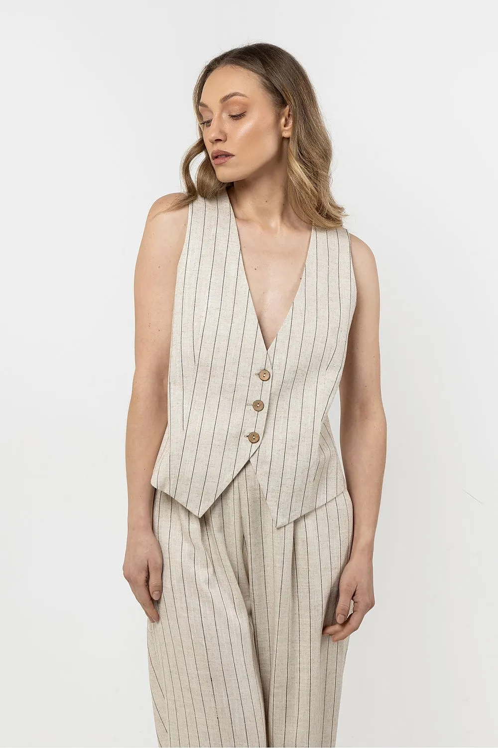 Linen Striped V-Neck Vest
