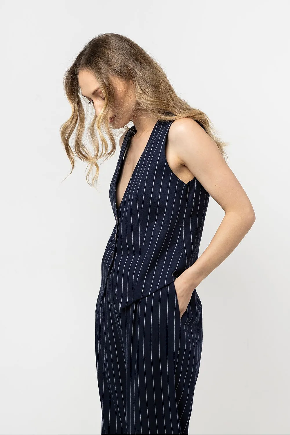 Linen Striped V-Neck Vest
