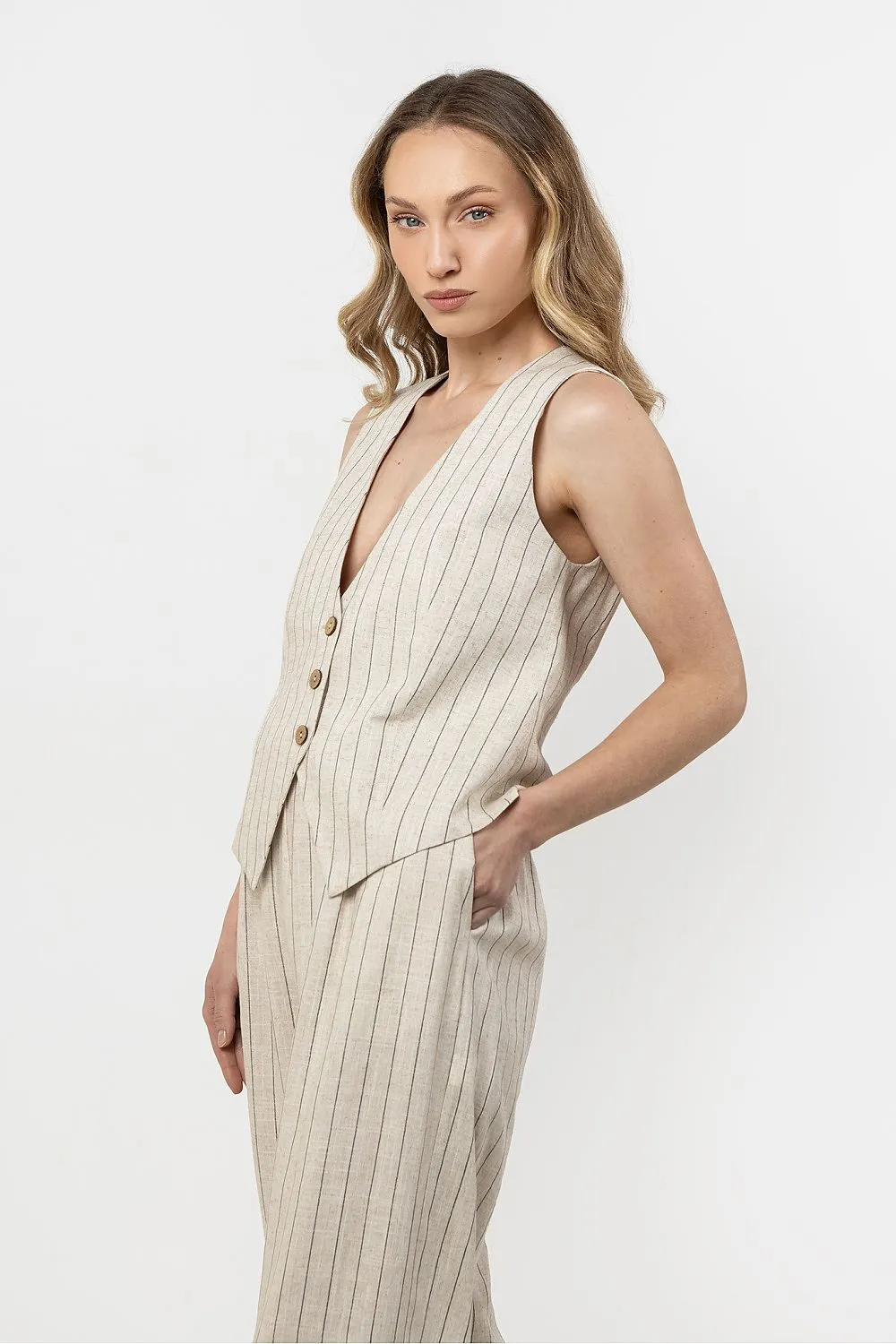 Linen Striped V-Neck Vest
