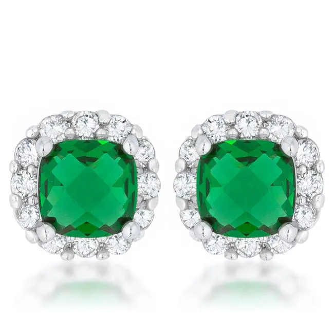 Liz 2ct Emerald CZ Rhodium Classic Cushion Stud Earrings