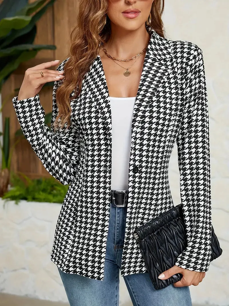 Lässiger Blazer mit Revers und Hahnentrittmuster auf der Vorderseite