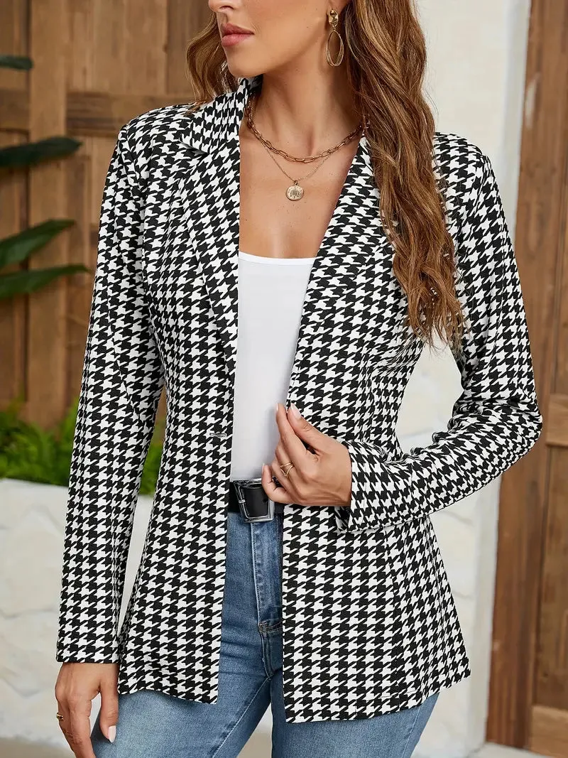 Lässiger Blazer mit Revers und Hahnentrittmuster auf der Vorderseite