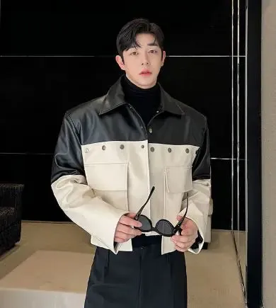 Men's Pu Leather Coats Patchwork Big Pockets