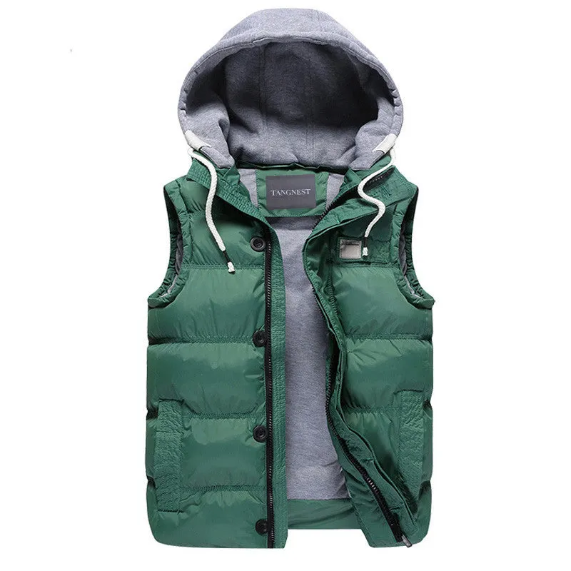 Men's Thicken Slim Casual Vests Hat Detachable Vest For Winter Youth Trend Big Plus Size M-5XL Five Colors Colete MWB086