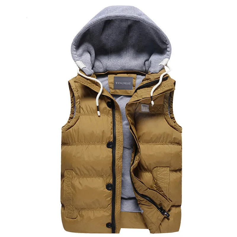 Men's Thicken Slim Casual Vests Hat Detachable Vest For Winter Youth Trend Big Plus Size M-5XL Five Colors Colete MWB086