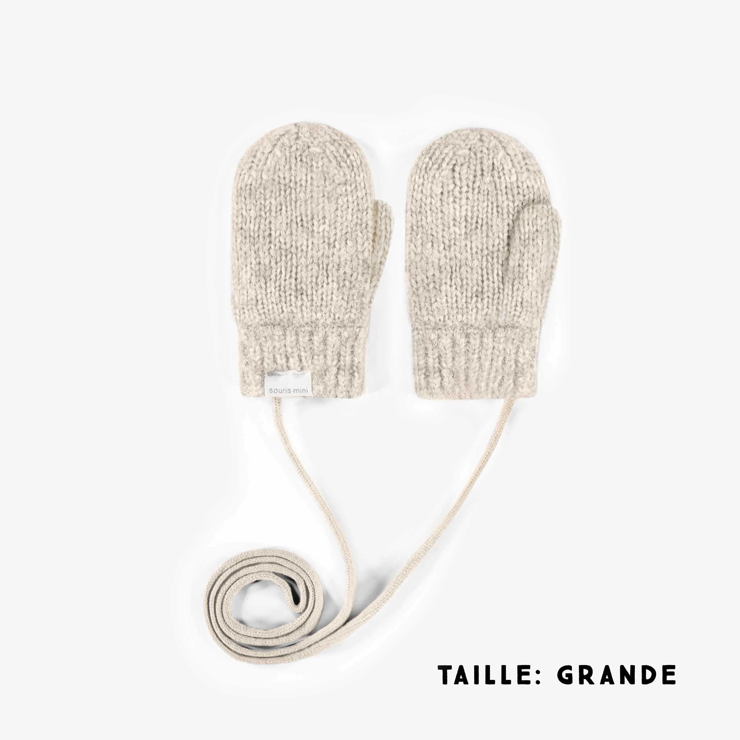 Mitaines crème en maille avec cordon d’attache, bébé || Cream knitted mittens with a drawstring, baby