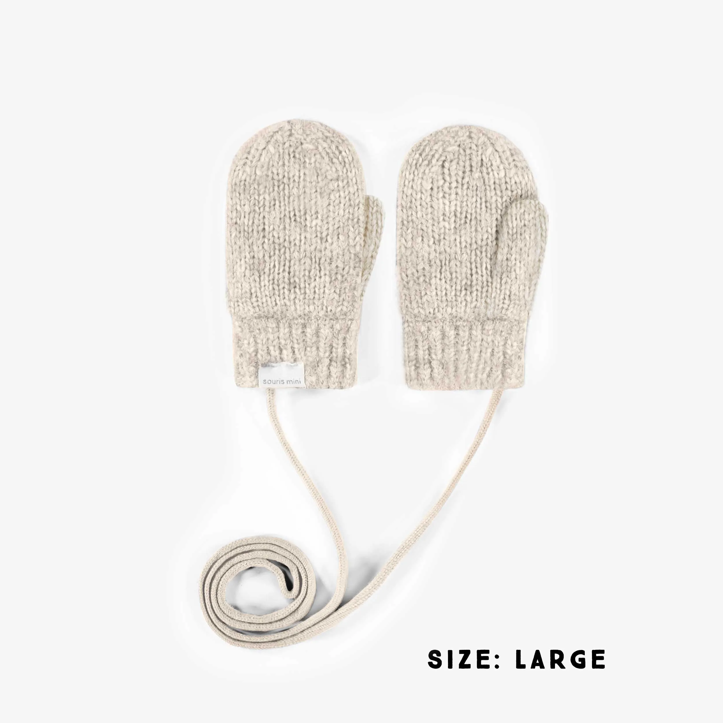 Mitaines crème en maille avec cordon d’attache, bébé || Cream knitted mittens with a drawstring, baby