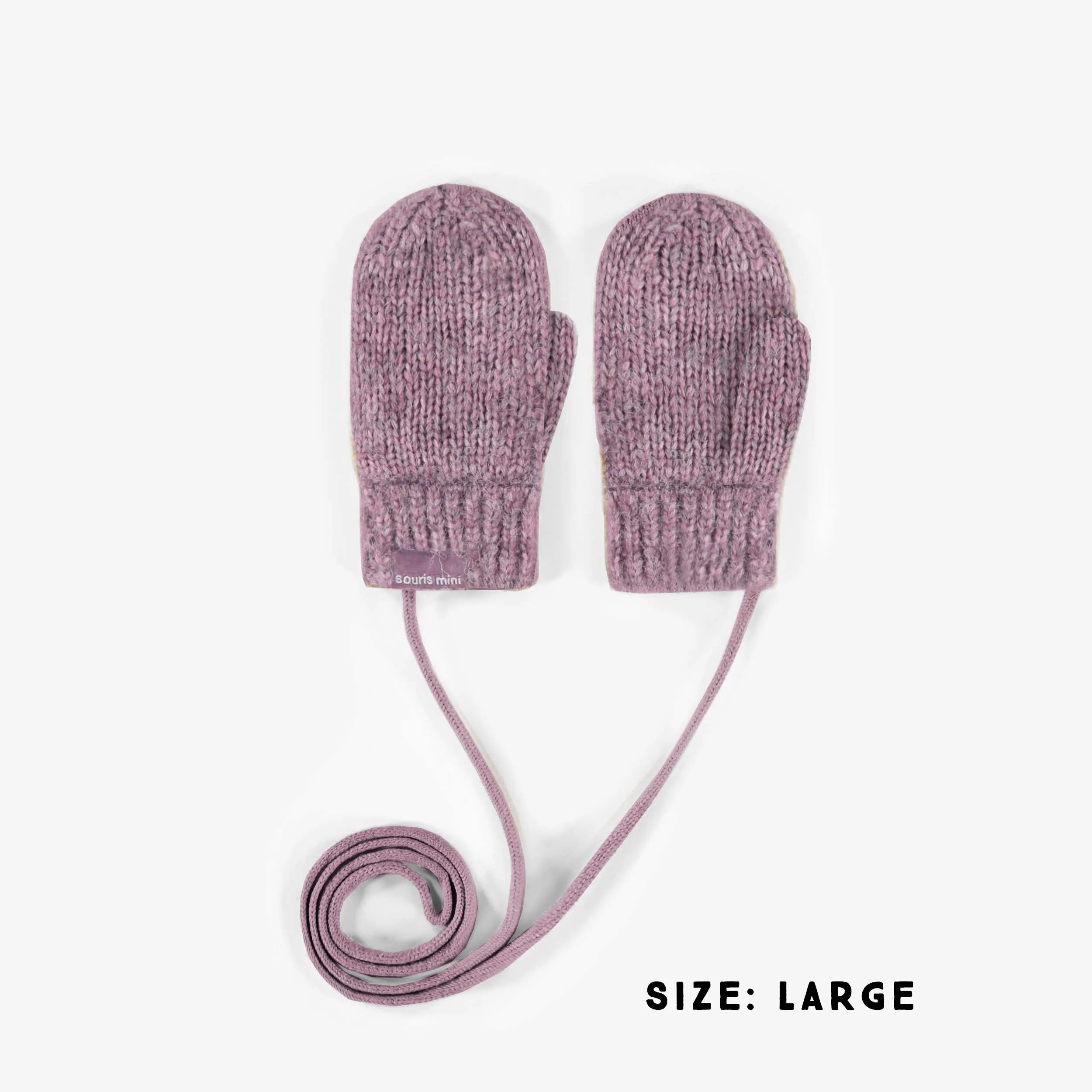 Mitaines mauves en maille avec cordon d’attache, bébé || Purple knitted mittens with a drawstring, baby