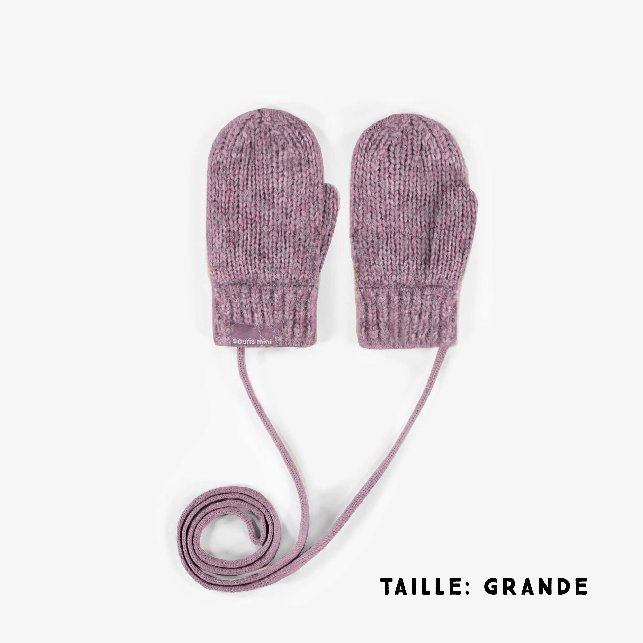 Mitaines mauves en maille avec cordon d’attache, bébé || Purple knitted mittens with a drawstring, baby