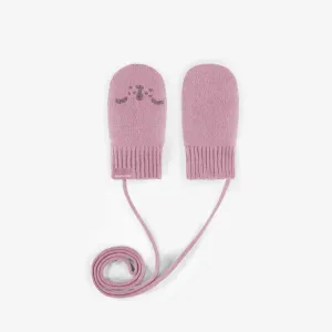 Mitaines roses en maille avec cordon d’attache, bébé || Pink knitted mittens with a drawstring, baby