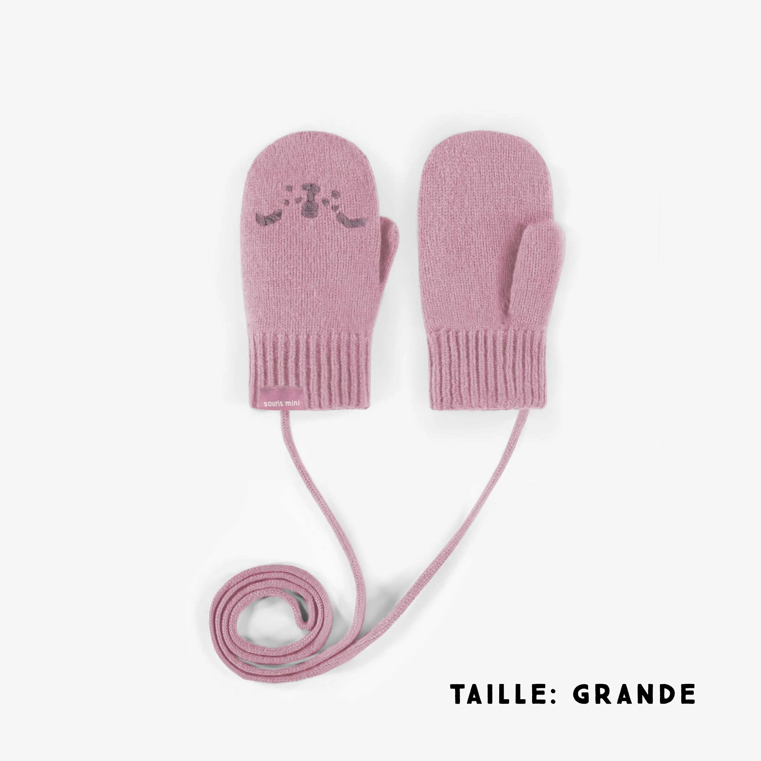 Mitaines roses en maille avec cordon d’attache, bébé || Pink knitted mittens with a drawstring, baby