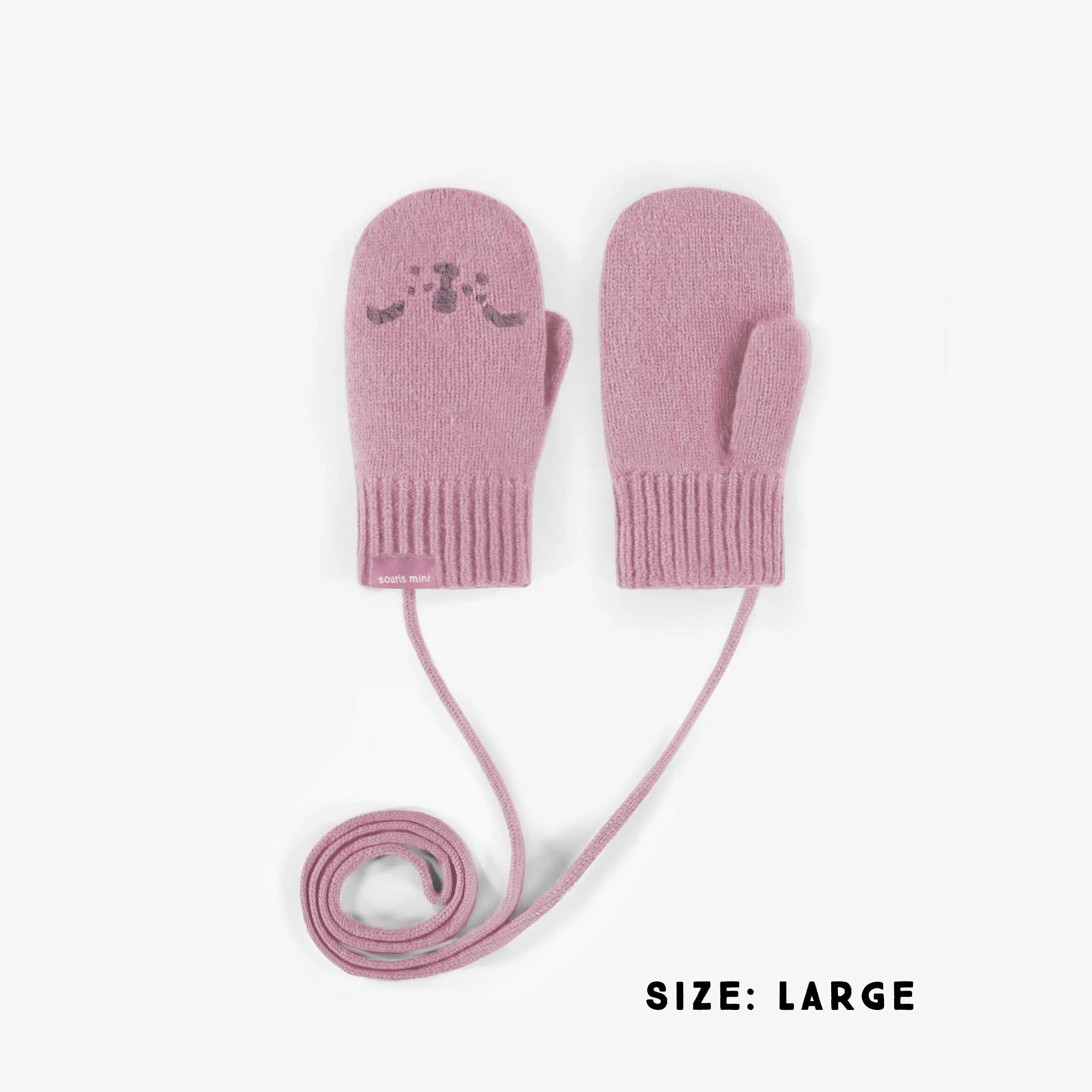 Mitaines roses en maille avec cordon d’attache, bébé || Pink knitted mittens with a drawstring, baby