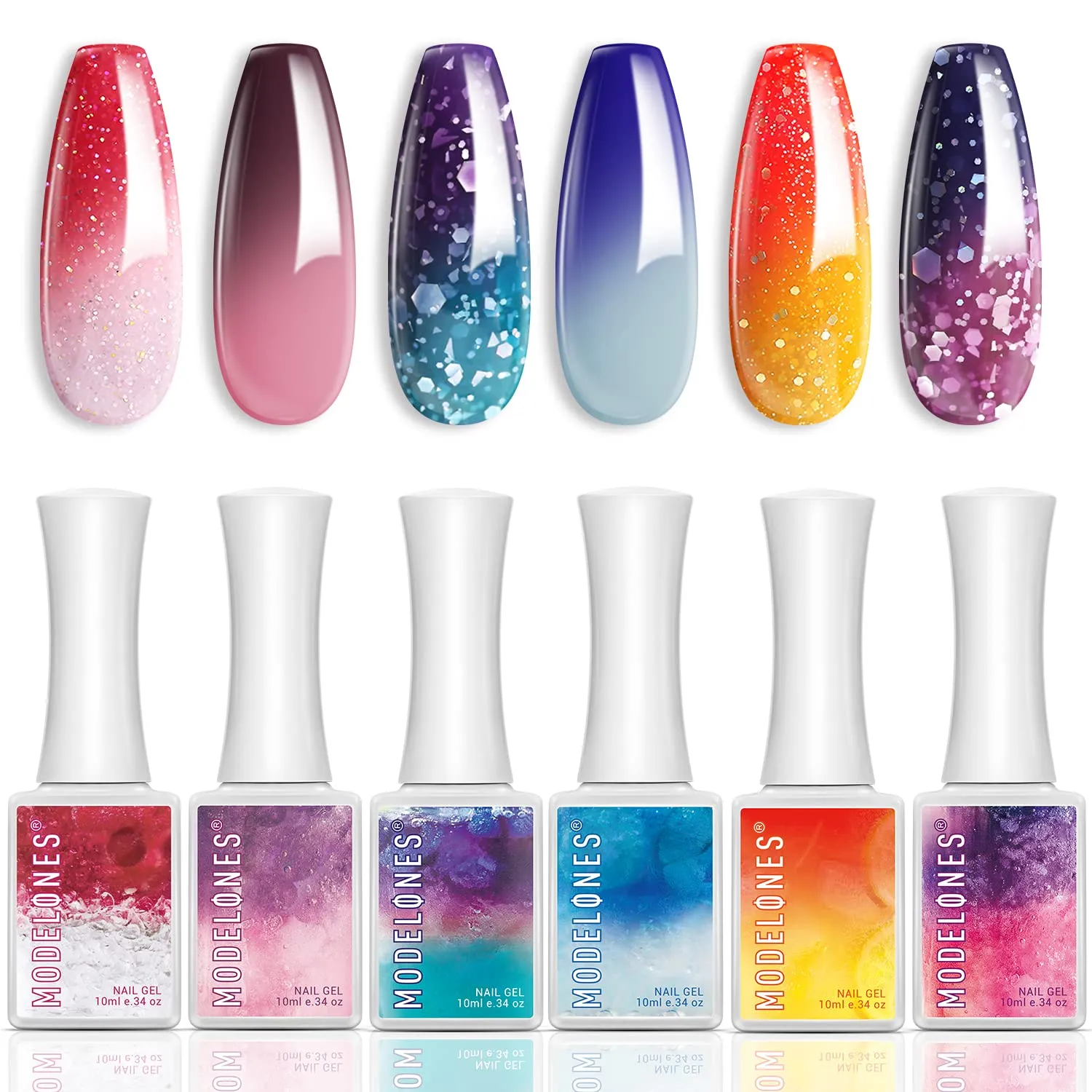 Modelones Color Changing Gel Nail Polish Kit - 6 Colors Spring Limited Edition 10ml Glitter Mood Temperature Change Gel Nail Polish Set Soak Off Gel Polish Nail Art Manicure DIY Salon Gift for Women