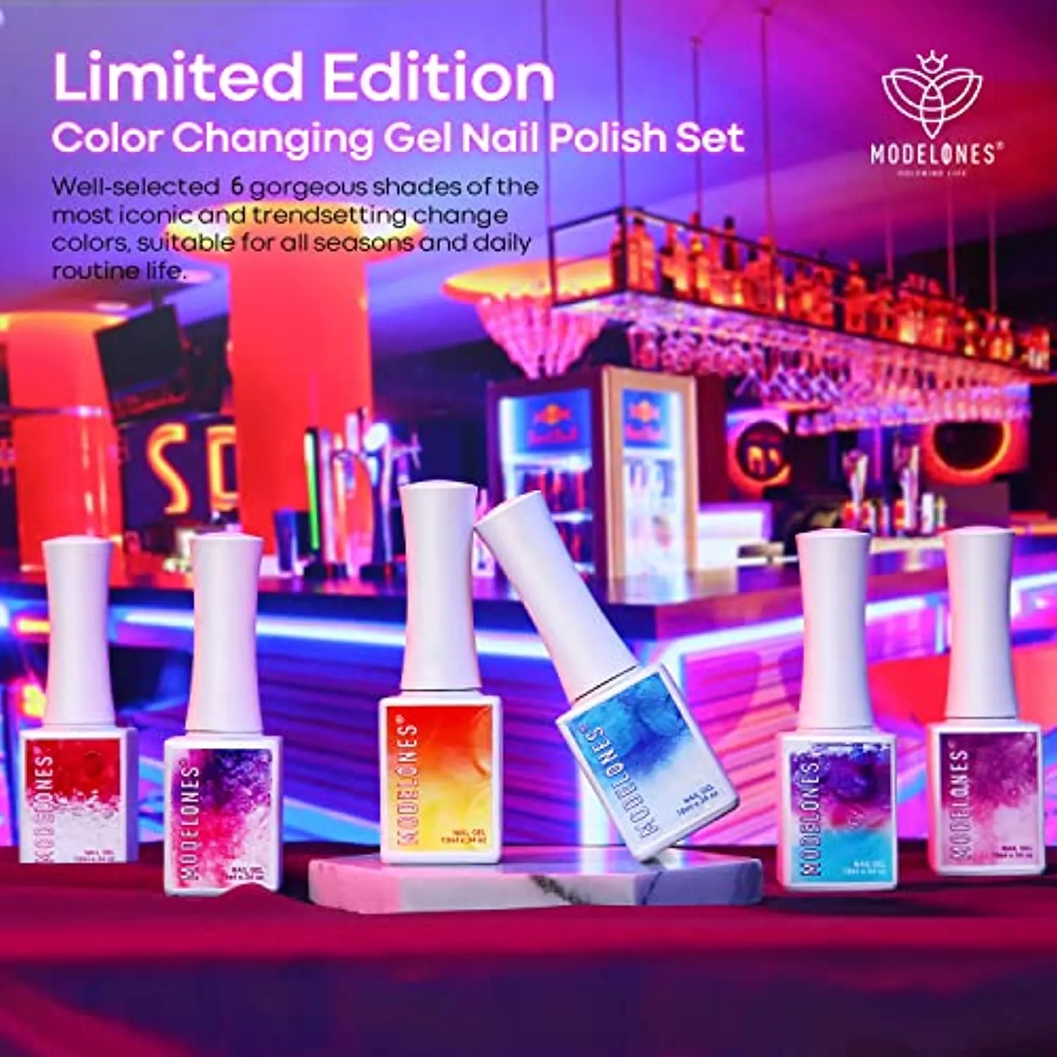 Modelones Color Changing Gel Nail Polish Kit - 6 Colors Spring Limited Edition 10ml Glitter Mood Temperature Change Gel Nail Polish Set Soak Off Gel Polish Nail Art Manicure DIY Salon Gift for Women