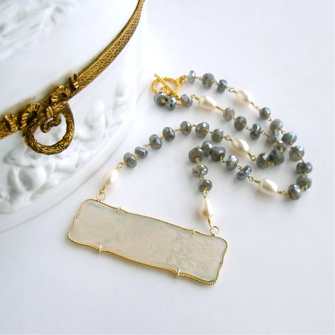 Mother-of-Pearl “M” Monogram Gaming Counter Mystic Labradorite Necklace - L'offre III Necklace