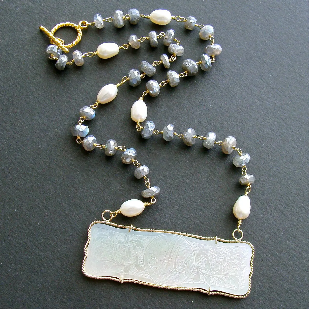 Mother-of-Pearl “M” Monogram Gaming Counter Mystic Labradorite Necklace - L'offre III Necklace