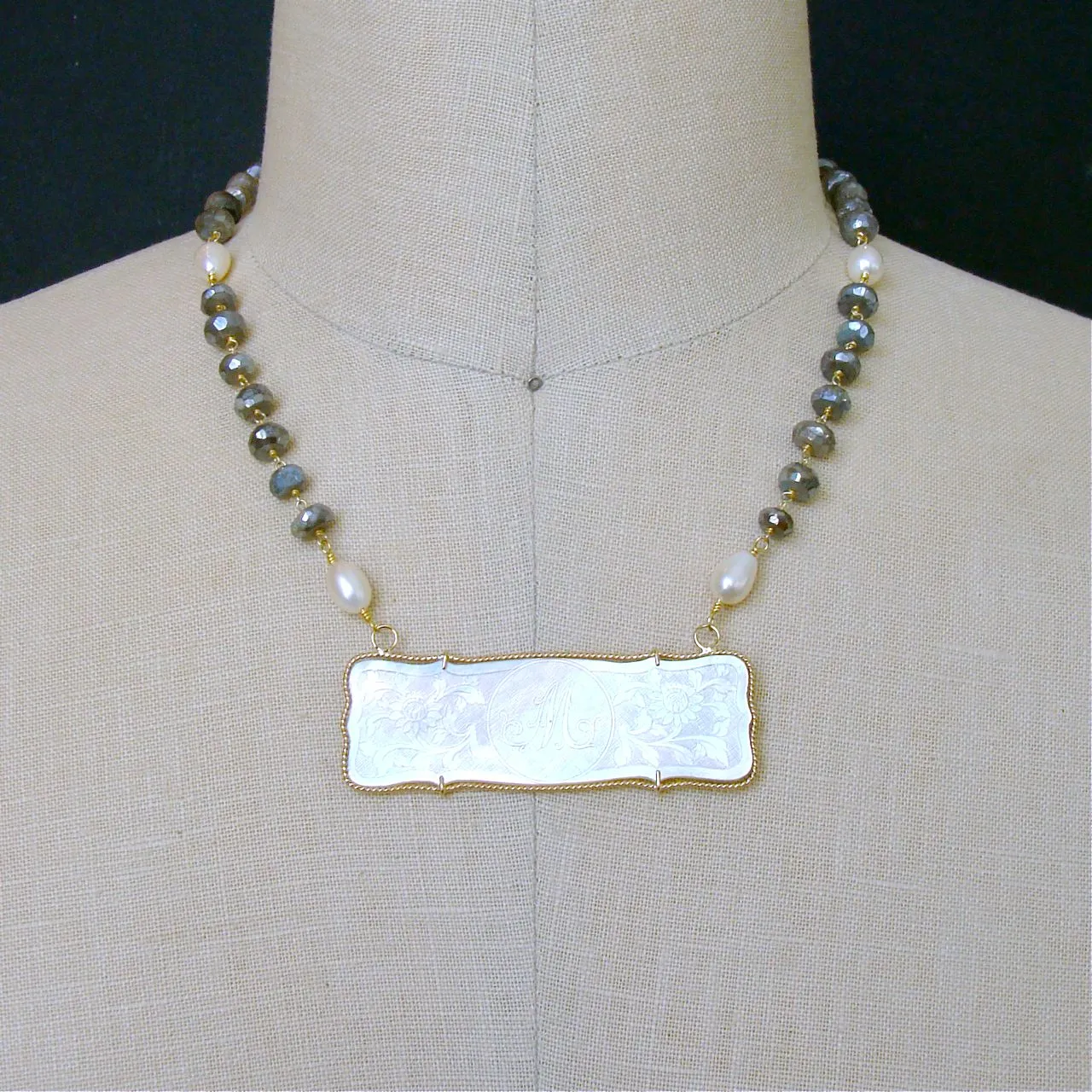 Mother-of-Pearl “M” Monogram Gaming Counter Mystic Labradorite Necklace - L'offre III Necklace