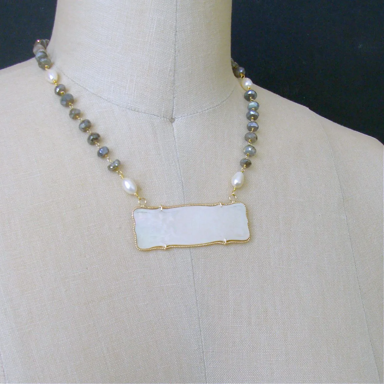 Mother-of-Pearl “M” Monogram Gaming Counter Mystic Labradorite Necklace - L'offre III Necklace