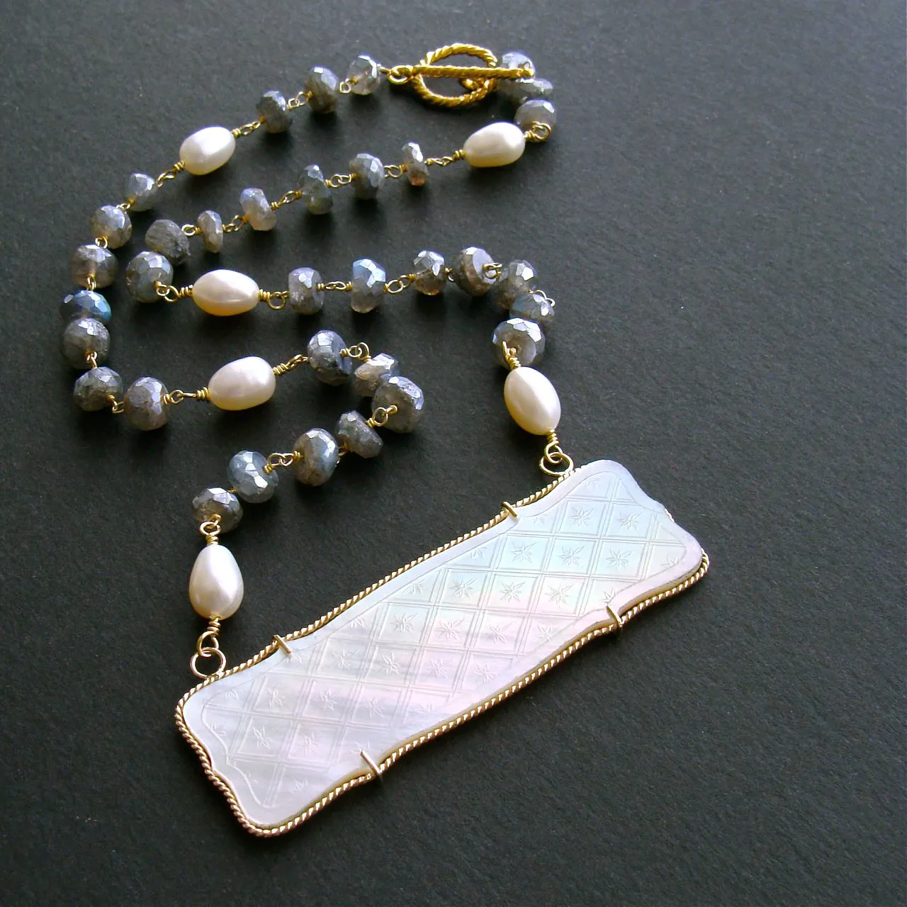 Mother-of-Pearl “M” Monogram Gaming Counter Mystic Labradorite Necklace - L'offre III Necklace