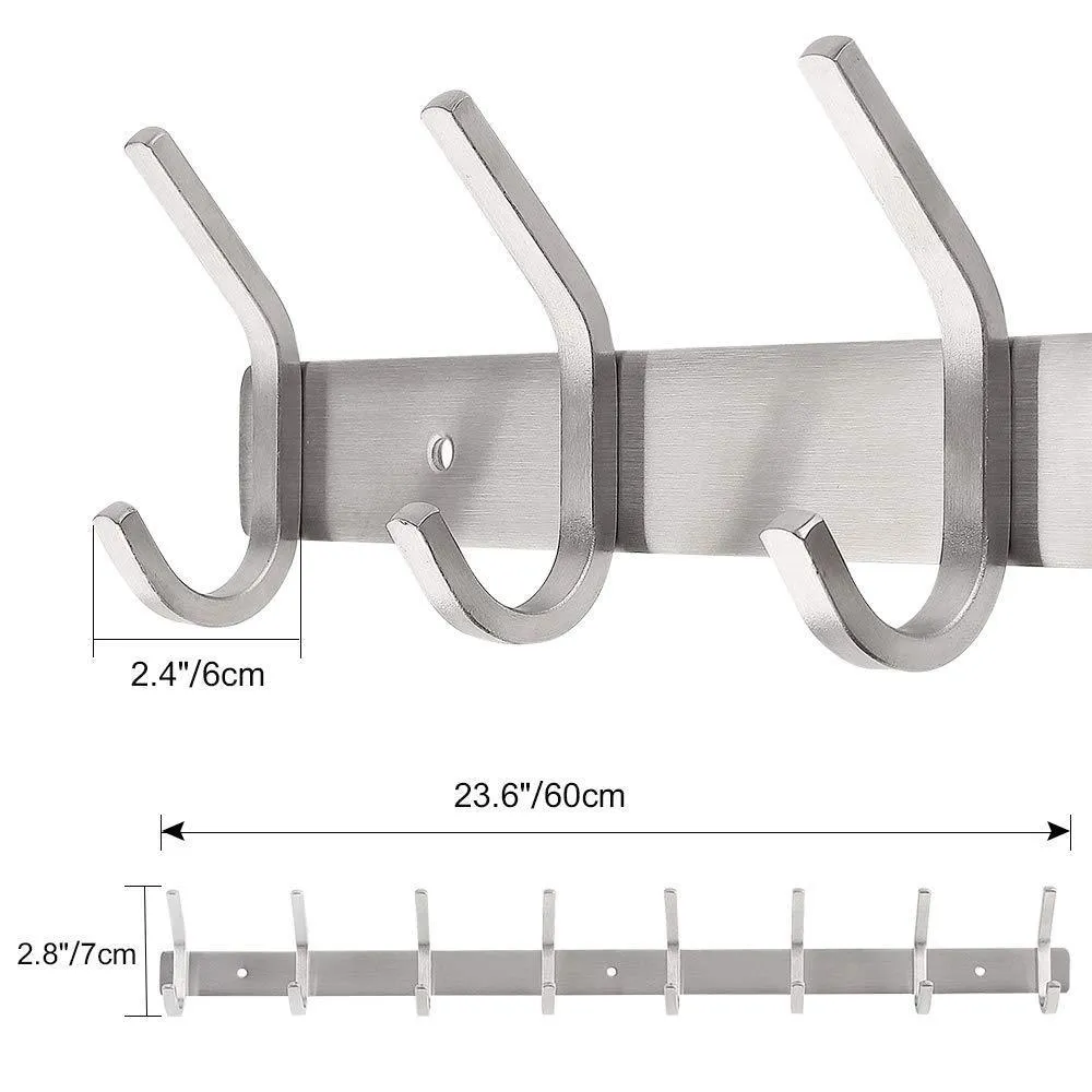 Nidouillet Coat Hook Wall Mounted Hook Rack Rail Shelf 8 Stainless Steel Hanger Hooks Storage Organizer Bathroom, Bedroom, Hats, Bags AB006