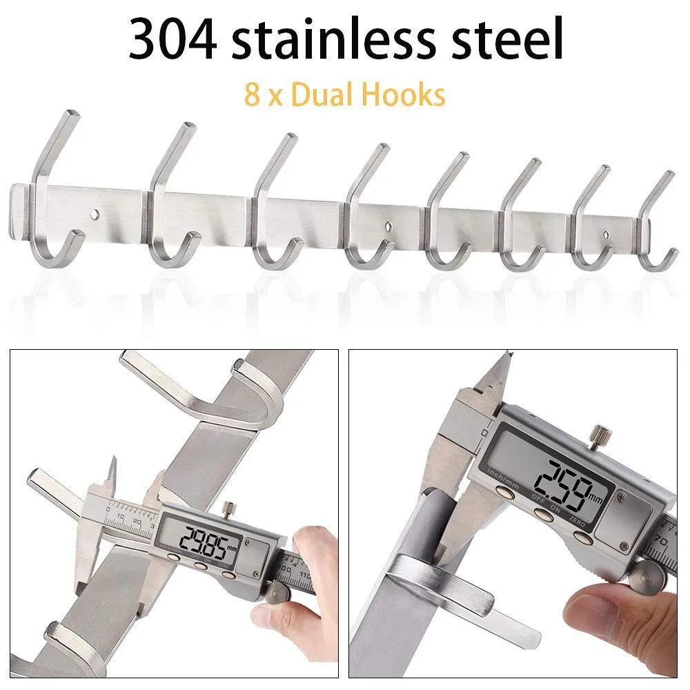 Nidouillet Coat Hook Wall Mounted Hook Rack Rail Shelf 8 Stainless Steel Hanger Hooks Storage Organizer Bathroom, Bedroom, Hats, Bags AB006
