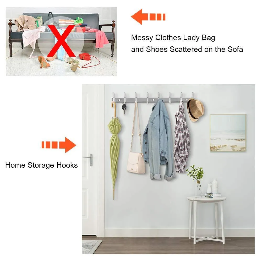 Nidouillet Coat Hook Wall Mounted Hook Rack Rail Shelf 8 Stainless Steel Hanger Hooks Storage Organizer Bathroom, Bedroom, Hats, Bags AB006