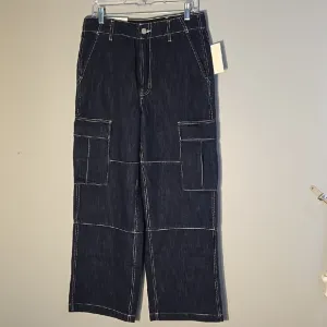 Oak   Fort Dark Blue Mid-Rise Long Length Organic Cotton Cargo Jeans Size 28