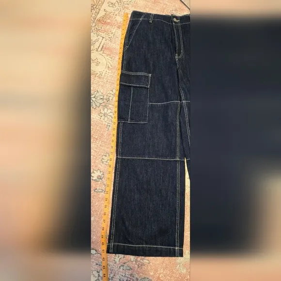Oak   Fort Dark Blue Mid-Rise Long Length Organic Cotton Cargo Jeans Size 28